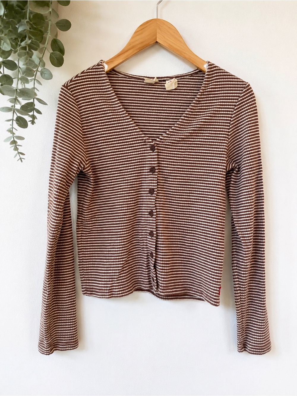 Levi's Brown and Cream Striped V-Neck Button-Front Long Sleeve Top